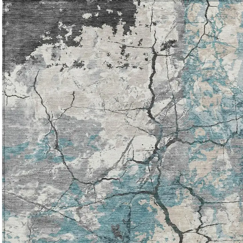 Teal Blue And Ivory Abstract Washable Indoor Outdoor Area Rug Photo 2