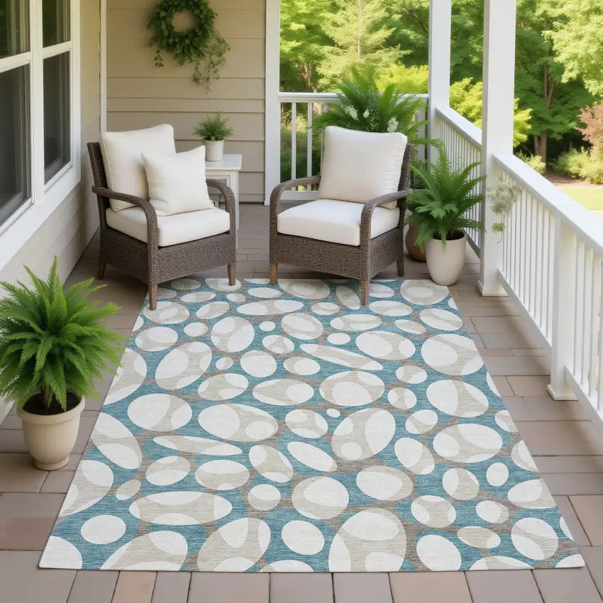 Teal Blue And Ivory Abstract Washable Indoor Outdoor Area Rug Photo 7