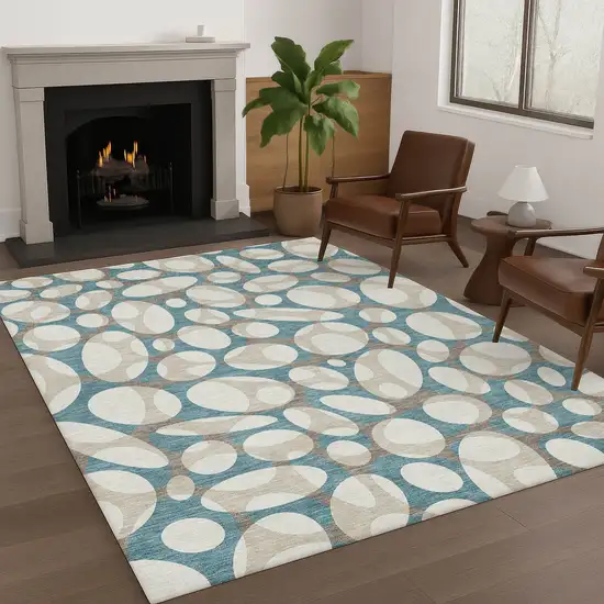 Teal Blue And Ivory Abstract Washable Indoor Outdoor Area Rug Photo 6