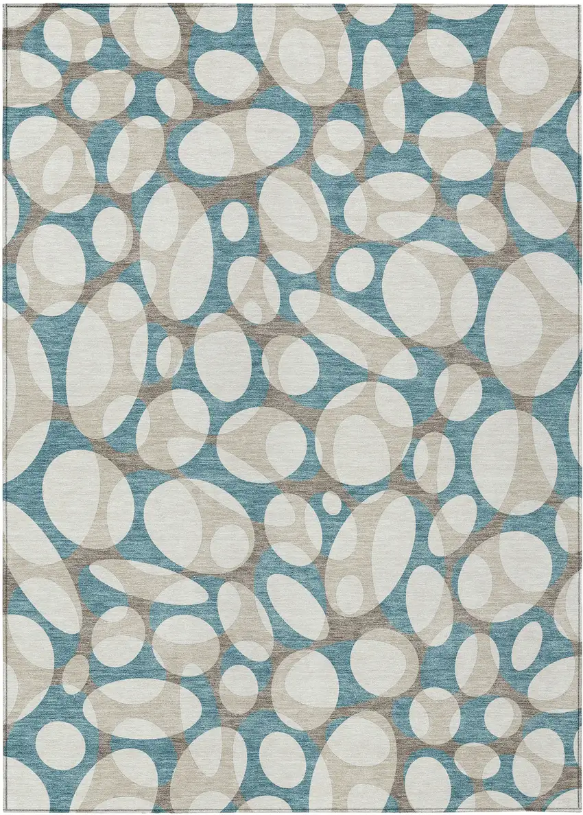 Teal Blue And Ivory Abstract Washable Indoor Outdoor Area Rug Photo 1