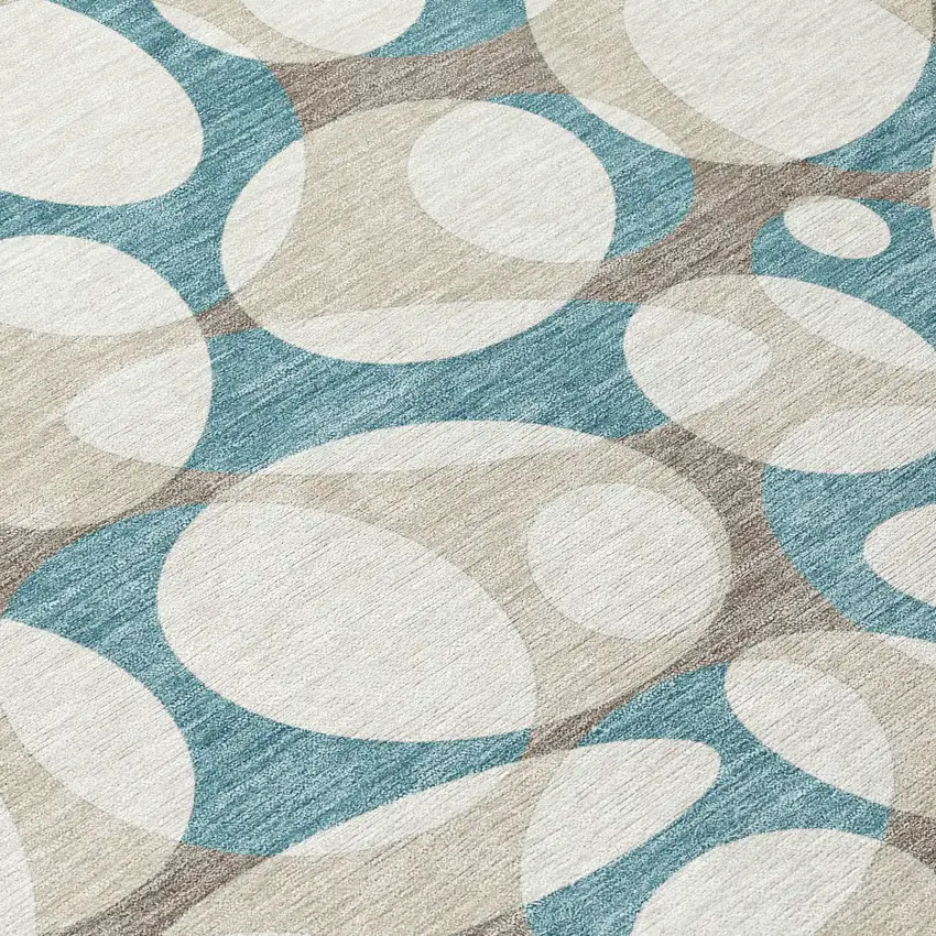 Teal Blue And Ivory Abstract Washable Indoor Outdoor Area Rug Photo 9
