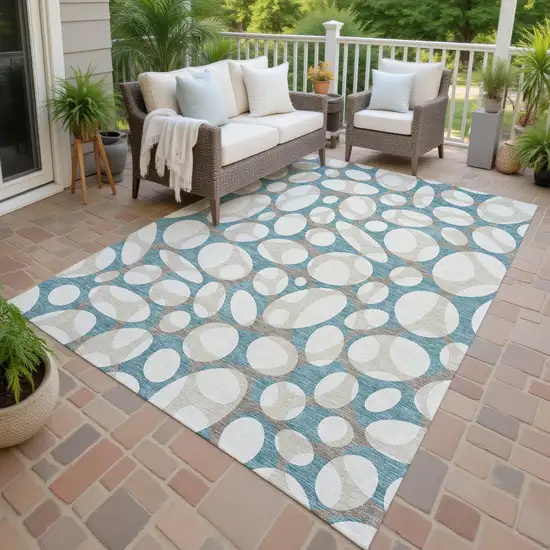 Teal Blue And Ivory Abstract Washable Indoor Outdoor Area Rug Photo 4