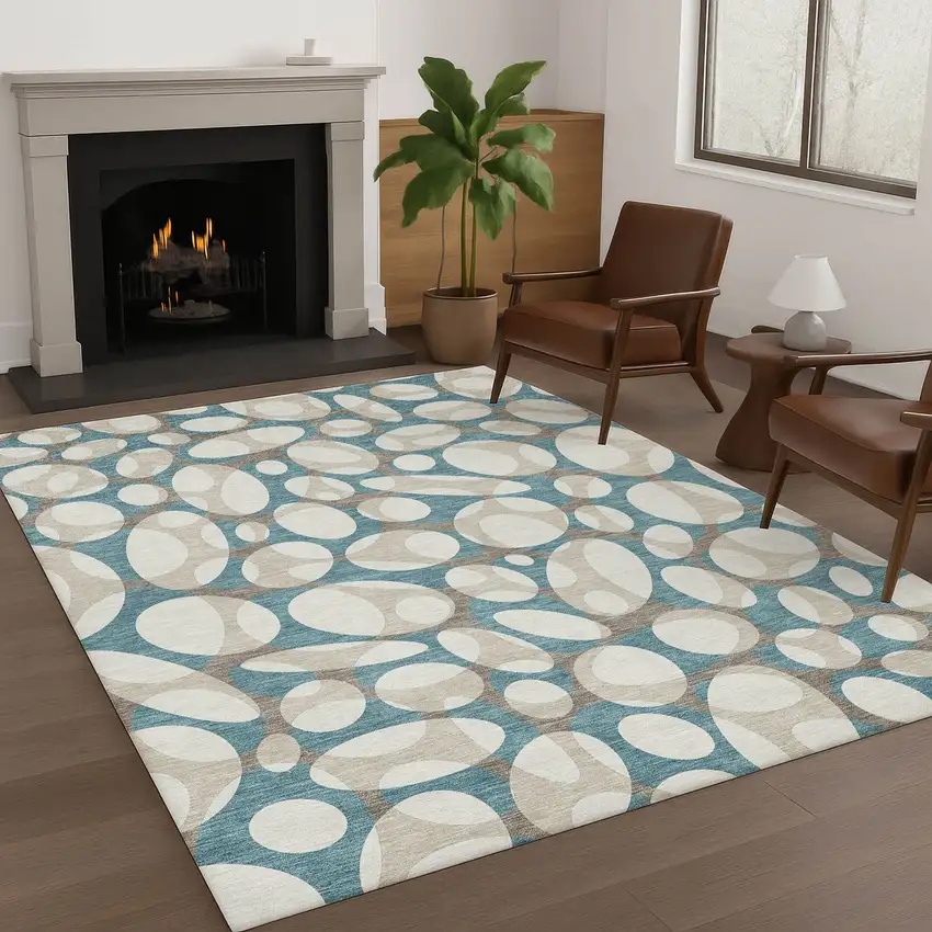 Teal Blue And Ivory Abstract Washable Indoor Outdoor Area Rug Photo 6