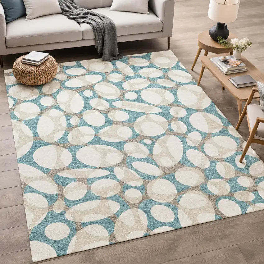 Teal Blue And Ivory Abstract Washable Indoor Outdoor Area Rug Photo 5