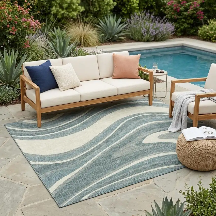 Teal Blue And Ivory Abstract Washable Indoor Outdoor Area Rug Photo 1