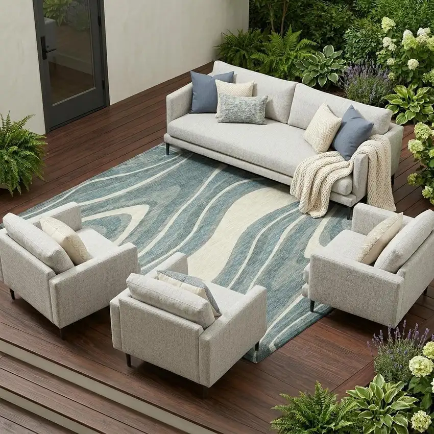 Teal Blue And Ivory Abstract Washable Indoor Outdoor Area Rug Photo 1