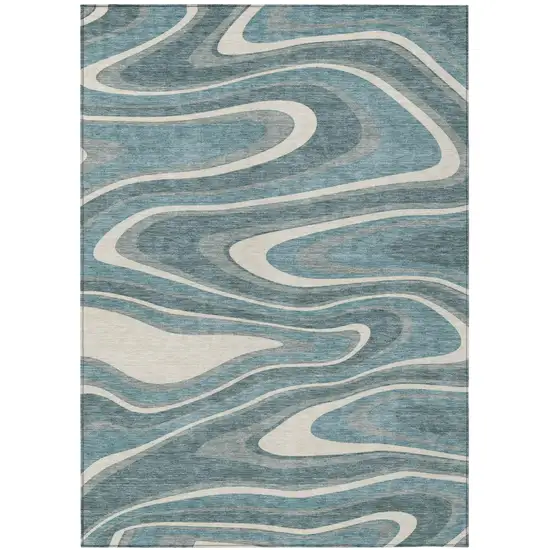 Teal Blue And Ivory Abstract Washable Indoor Outdoor Area Rug Photo 5