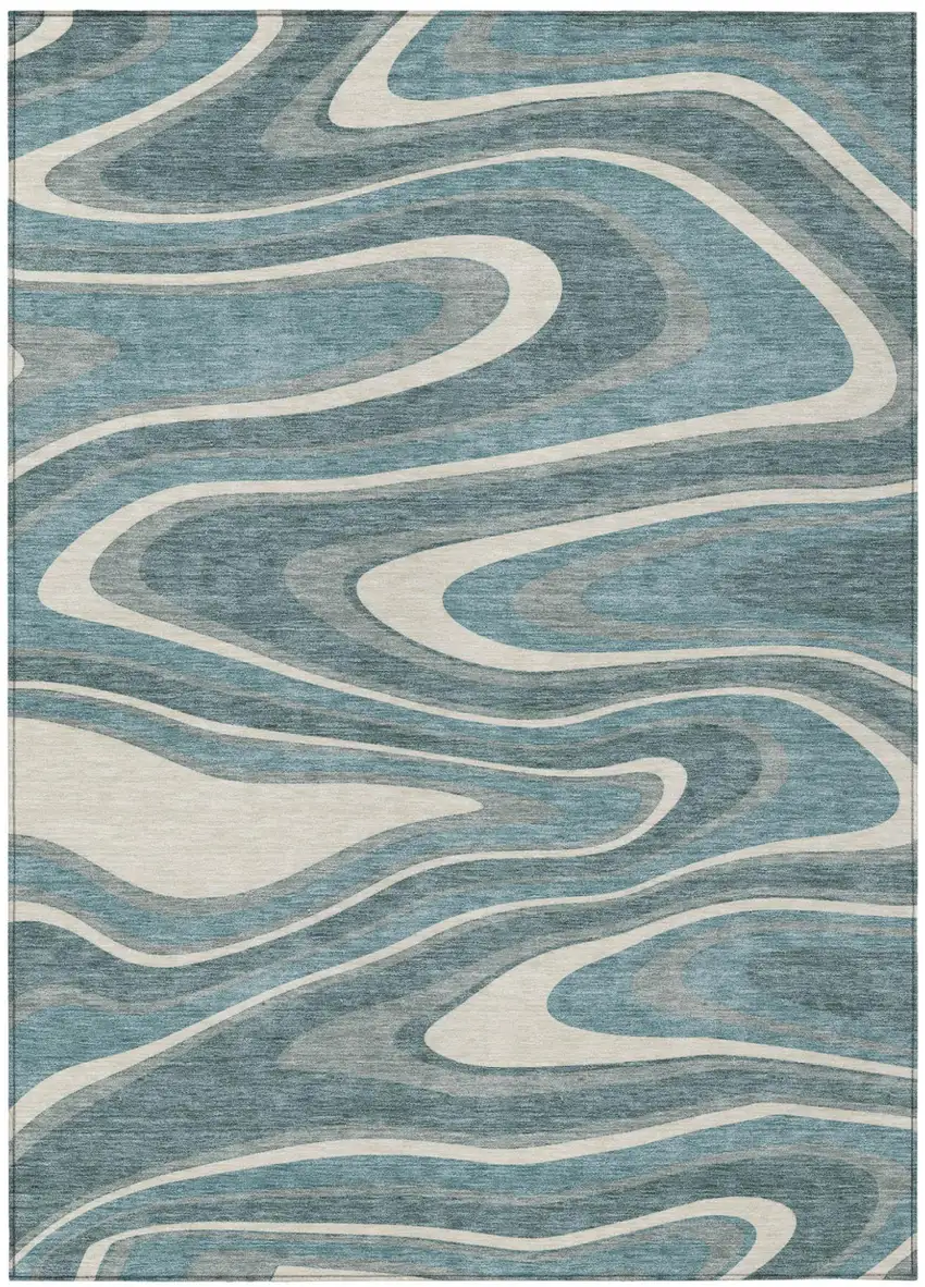 Teal Blue And Ivory Abstract Washable Indoor Outdoor Area Rug Photo 5
