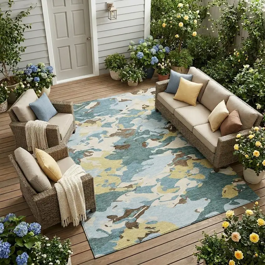 Teal Blue And Ivory Abstract Washable Indoor Outdoor Area Rug Photo 1