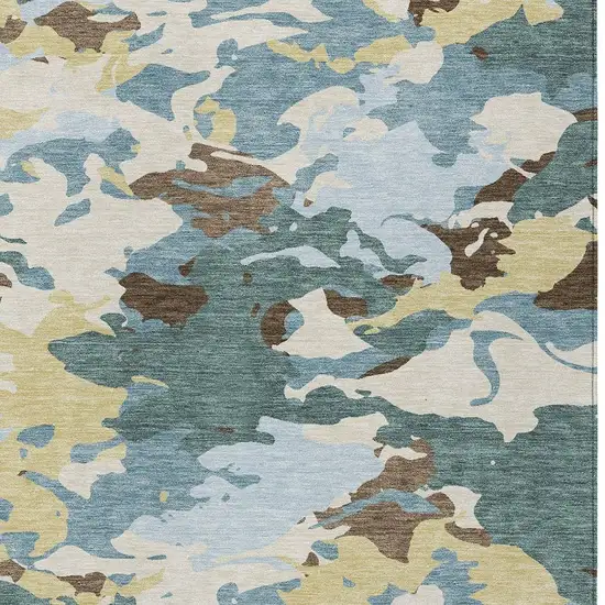 Teal Blue And Ivory Abstract Washable Indoor Outdoor Area Rug Photo 3