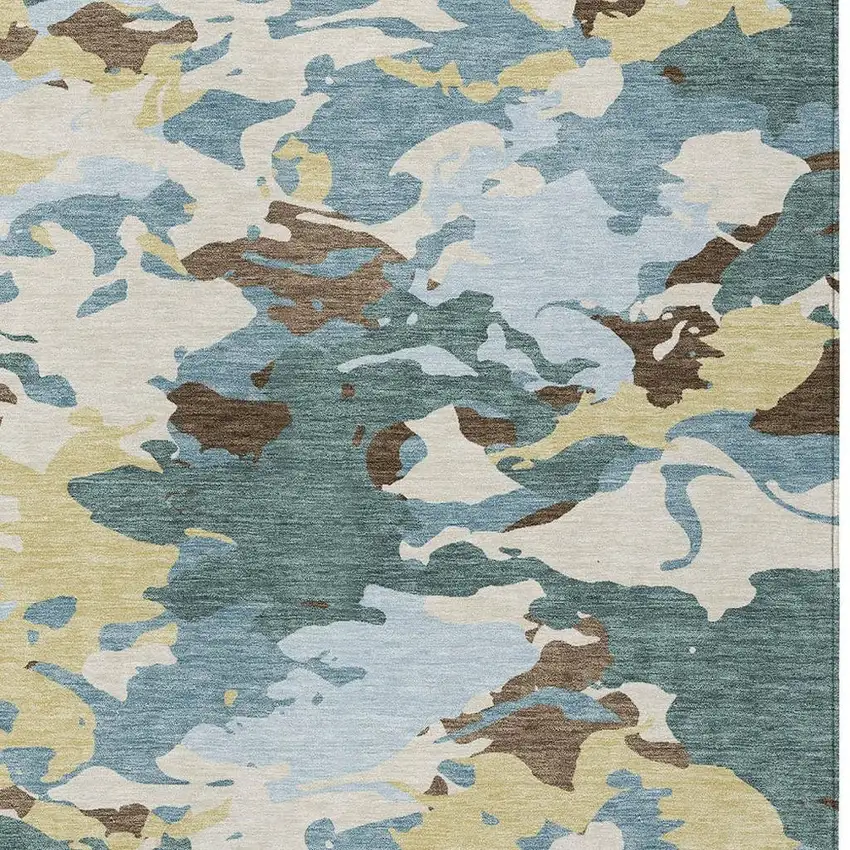 Teal Blue And Ivory Abstract Washable Indoor Outdoor Area Rug Photo 3