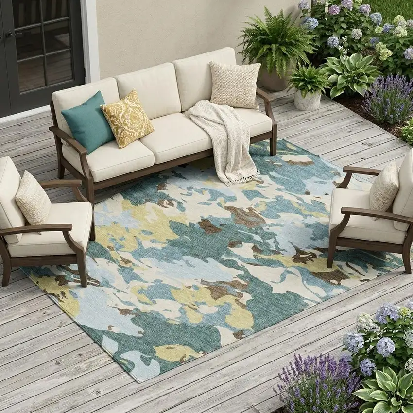 Teal Blue And Ivory Abstract Washable Indoor Outdoor Area Rug Photo 1