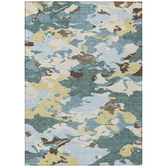 Teal Blue And Ivory Abstract Washable Indoor Outdoor Area Rug Photo 2
