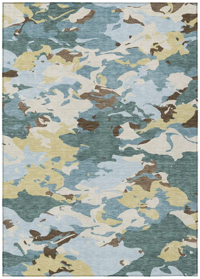 Teal Blue And Ivory Abstract Washable Indoor Outdoor Area Rug Photo 2
