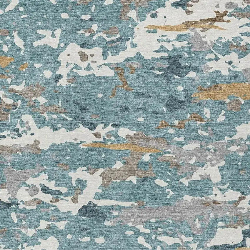 Teal Blue And Ivory Abstract Washable Indoor Outdoor Area Rug Photo 2