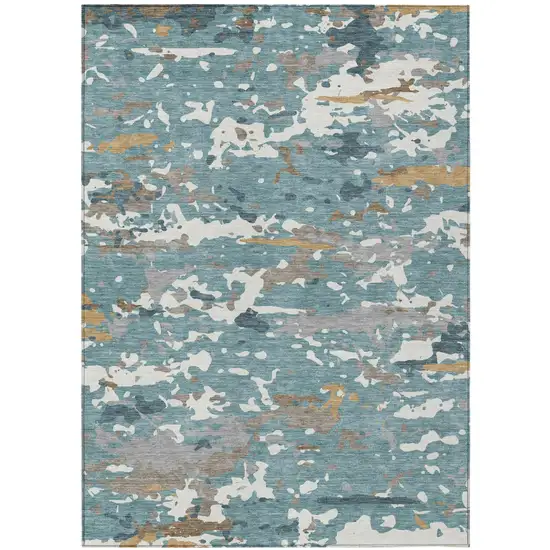 Teal Blue And Ivory Abstract Washable Indoor Outdoor Area Rug Photo 1