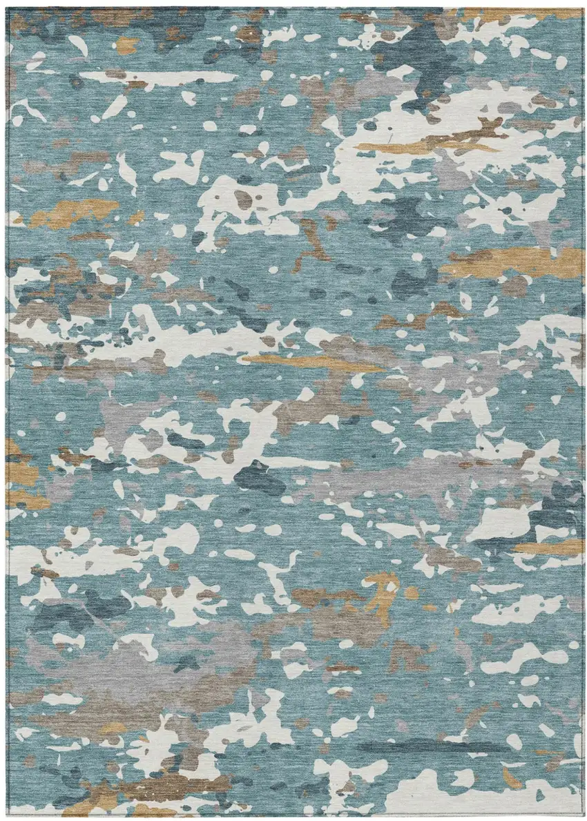 Teal Blue And Ivory Abstract Washable Indoor Outdoor Area Rug Photo 1