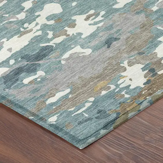 Teal Blue And Ivory Abstract Washable Indoor Outdoor Area Rug Photo 4