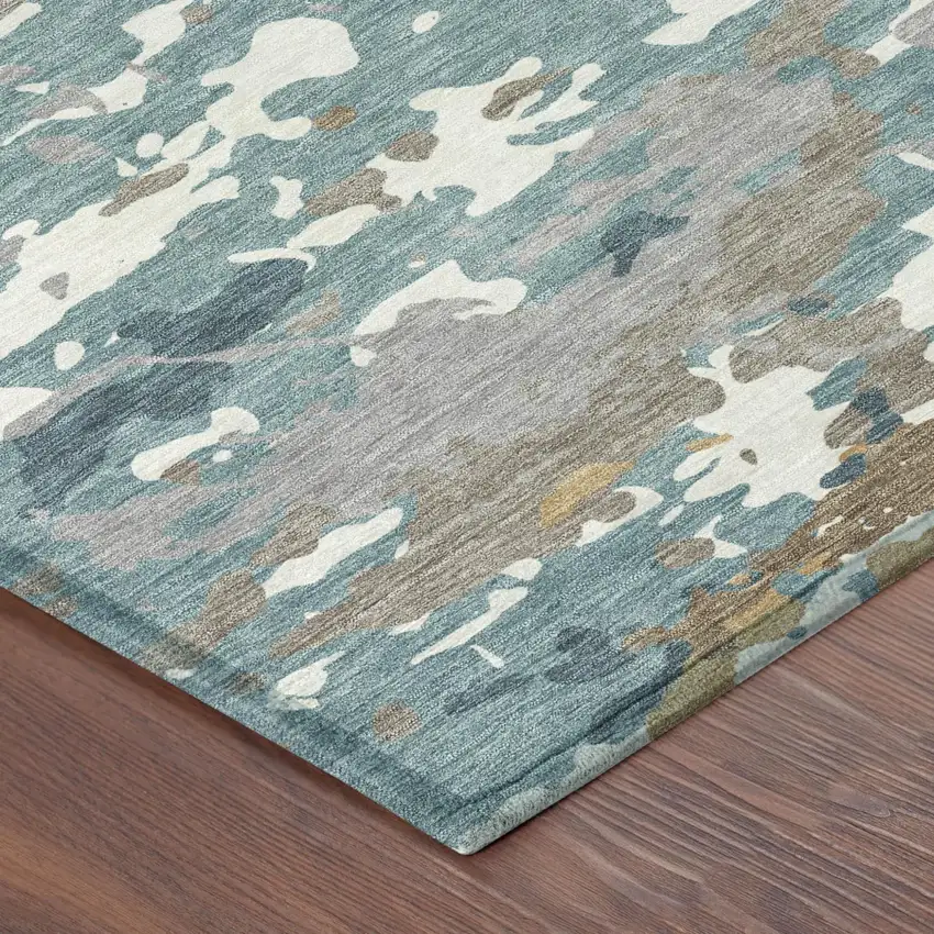 Teal Blue And Ivory Abstract Washable Indoor Outdoor Area Rug Photo 4