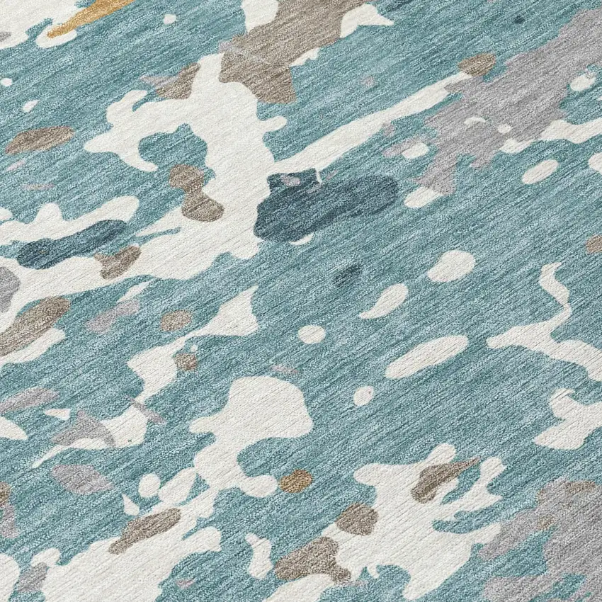 Teal Blue And Ivory Abstract Washable Indoor Outdoor Area Rug Photo 5