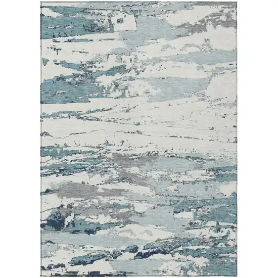 Teal Blue And Ivory Abstract Washable Indoor Outdoor Area Rug Photo 2
