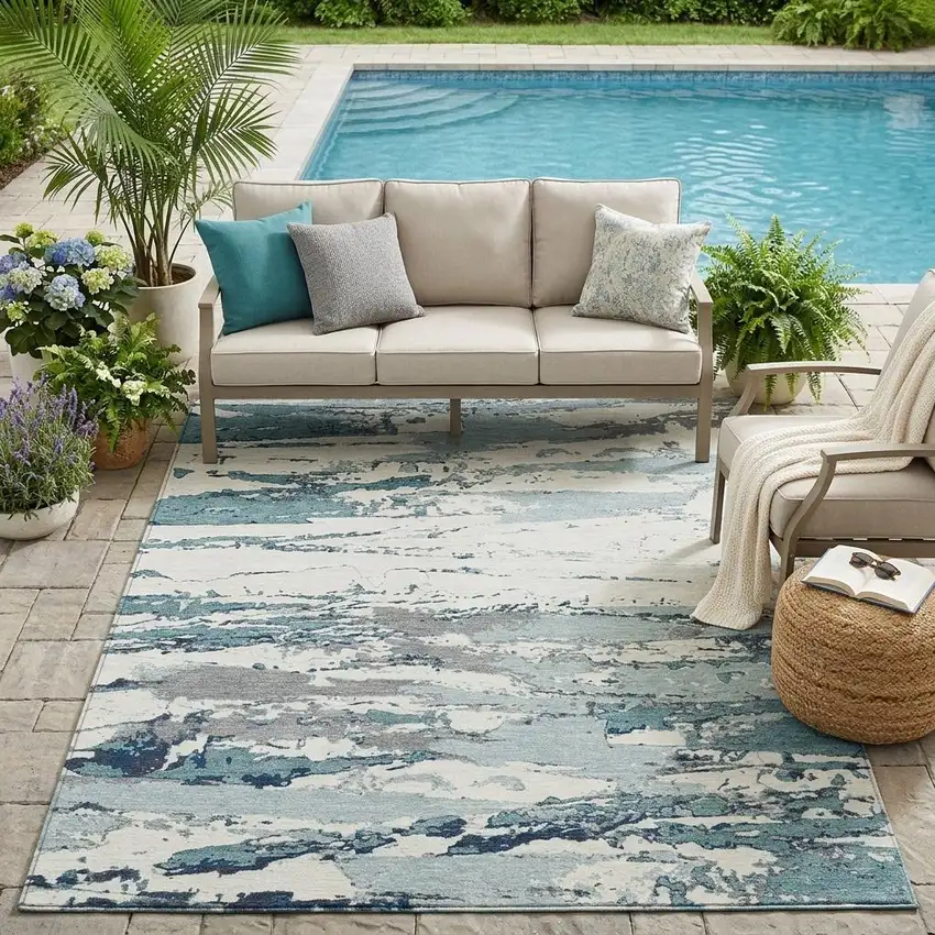 Teal Blue And Ivory Abstract Washable Indoor Outdoor Area Rug Photo 1