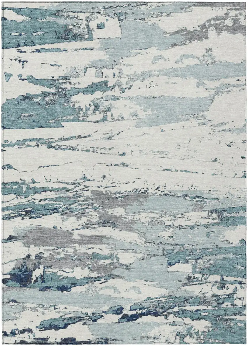 Teal Blue And Ivory Abstract Washable Indoor Outdoor Area Rug Photo 2