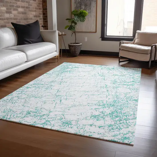 Teal Blue And Ivory Abstract Washable Indoor Outdoor Area Rug Photo 7