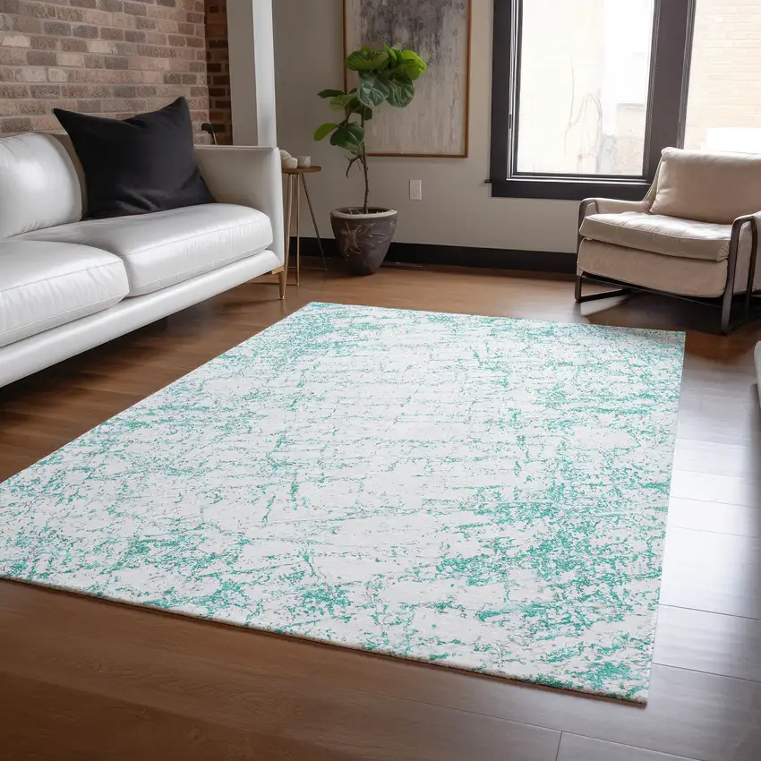 Teal Blue And Ivory Abstract Washable Indoor Outdoor Area Rug Photo 7