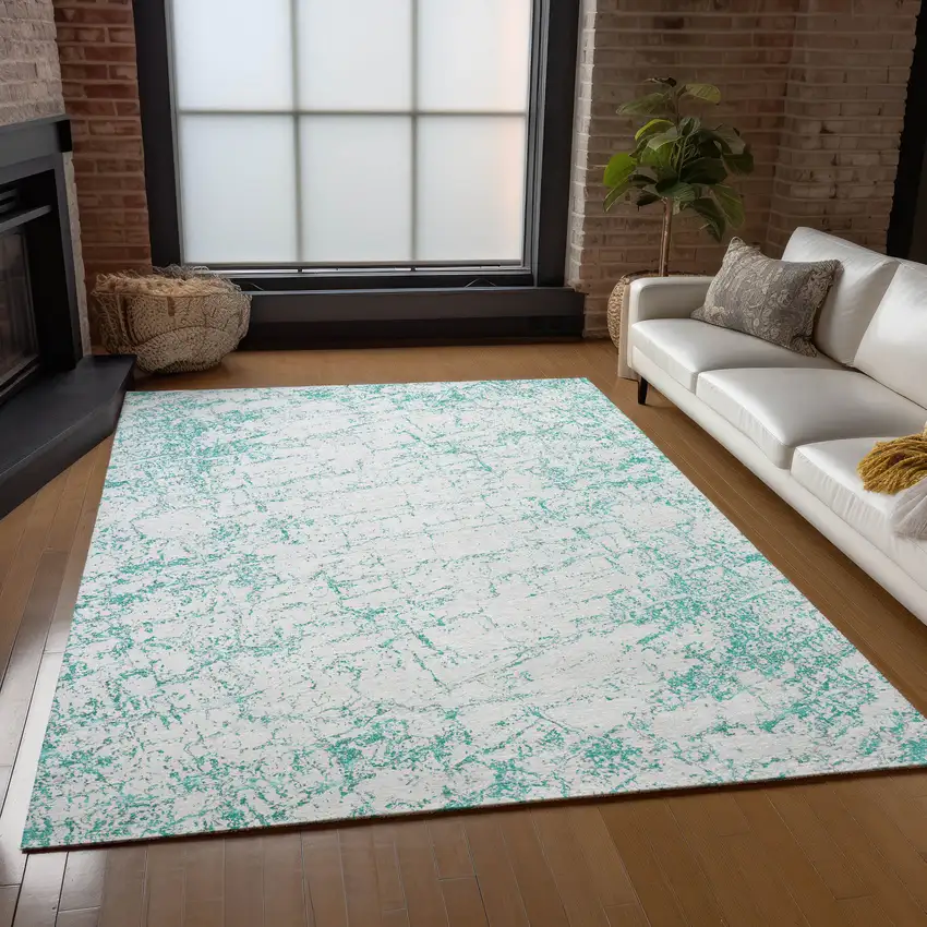 Teal Blue And Ivory Abstract Washable Indoor Outdoor Area Rug Photo 8