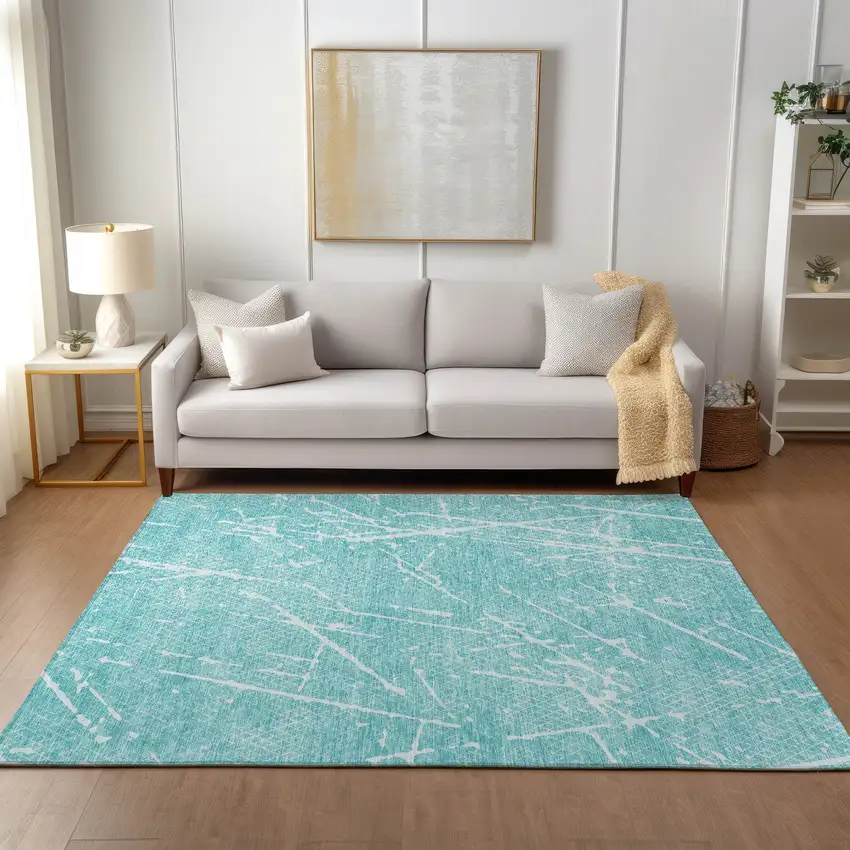 Teal Blue And Ivory Abstract Washable Indoor Outdoor Area Rug Photo 5
