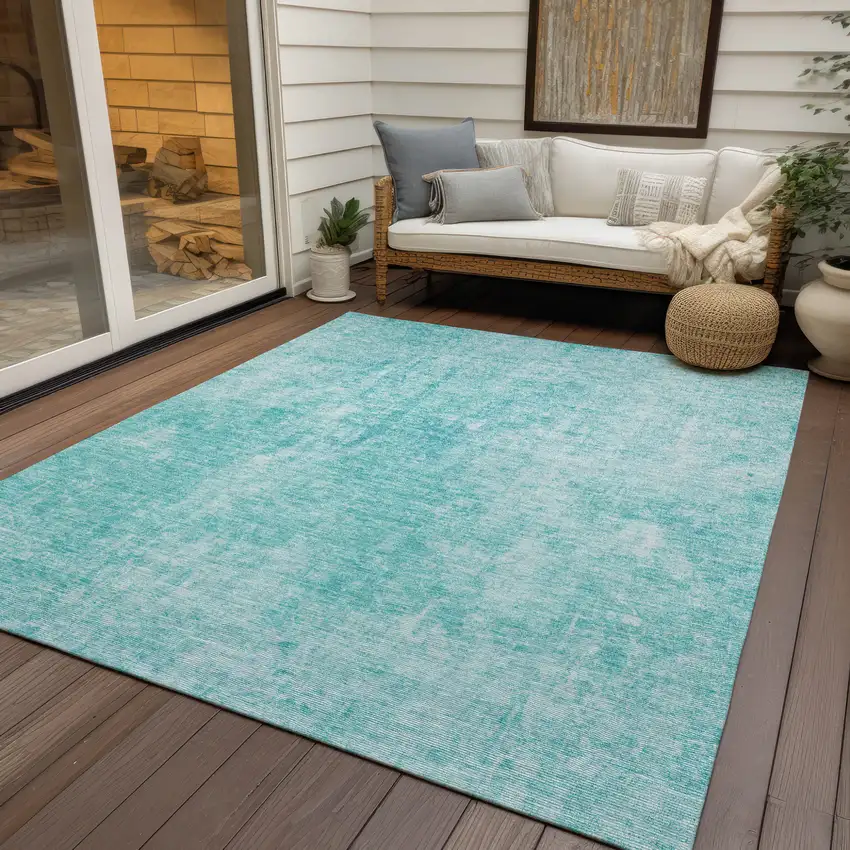 Teal Blue And Ivory Abstract Washable Indoor Outdoor Area Rug Photo 9