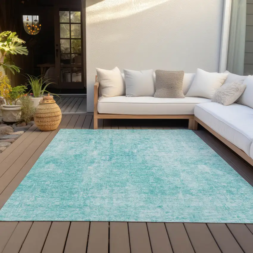 Teal Blue And Ivory Abstract Washable Indoor Outdoor Area Rug Photo 7
