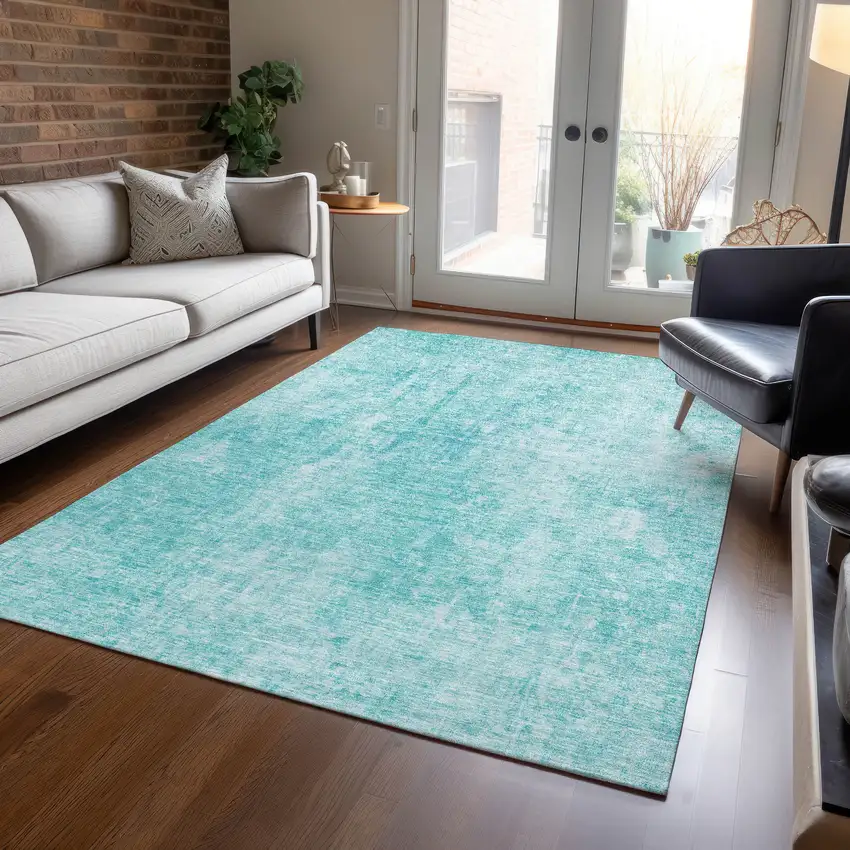 Teal Blue And Ivory Abstract Washable Indoor Outdoor Area Rug Photo 8