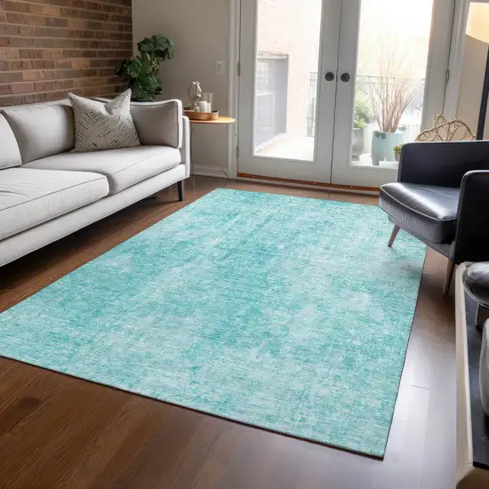 Teal Blue And Ivory Abstract Washable Indoor Outdoor Area Rug Photo 8