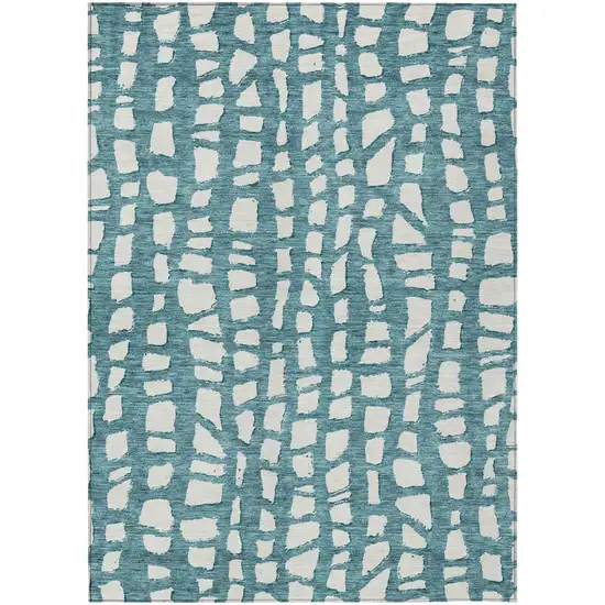Teal Blue And Ivory Abstract Washable Indoor Outdoor Area Rug Photo 2