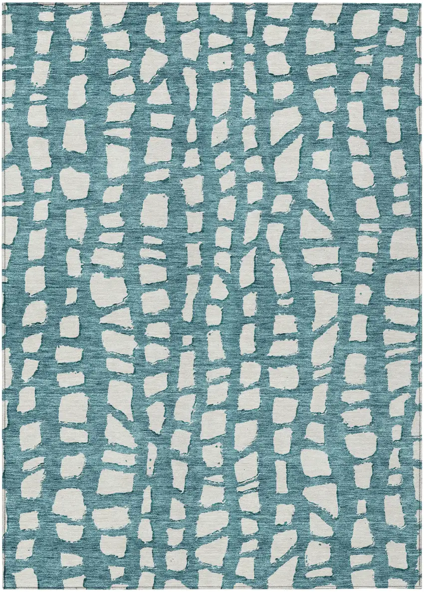 Teal Blue And Ivory Abstract Washable Indoor Outdoor Area Rug Photo 2
