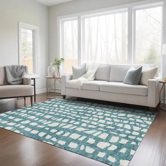 Teal Blue And Ivory Abstract Washable Indoor Outdoor Area Rug Photo 8