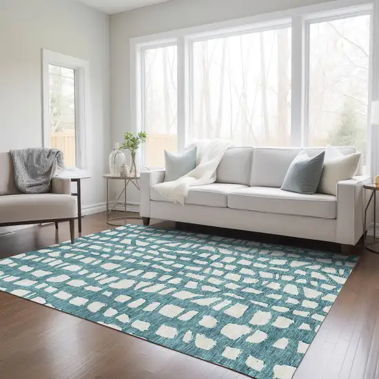 Teal Blue And Ivory Abstract Washable Indoor Outdoor Area Rug Photo 8