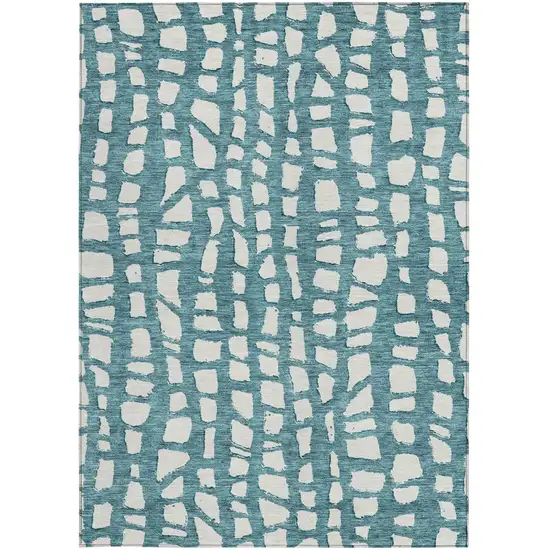 Teal Blue And Ivory Abstract Washable Indoor Outdoor Area Rug Photo 5