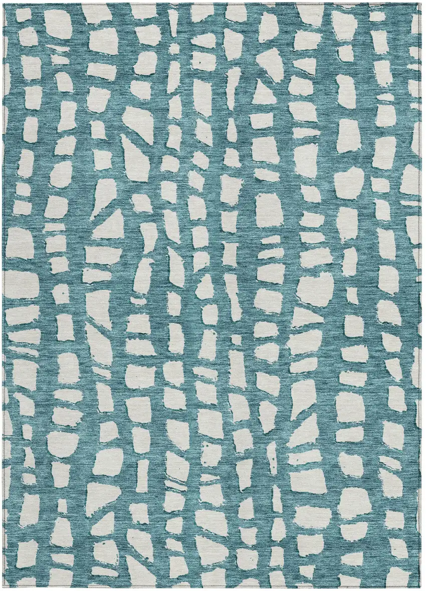 Teal Blue And Ivory Abstract Washable Indoor Outdoor Area Rug Photo 5