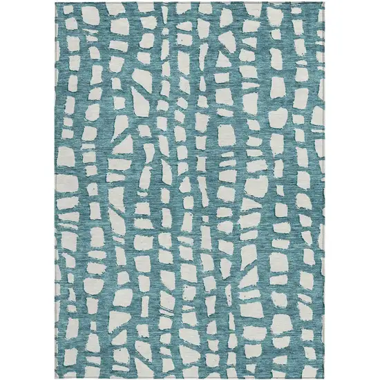 Teal Blue And Ivory Abstract Washable Indoor Outdoor Area Rug Photo 5