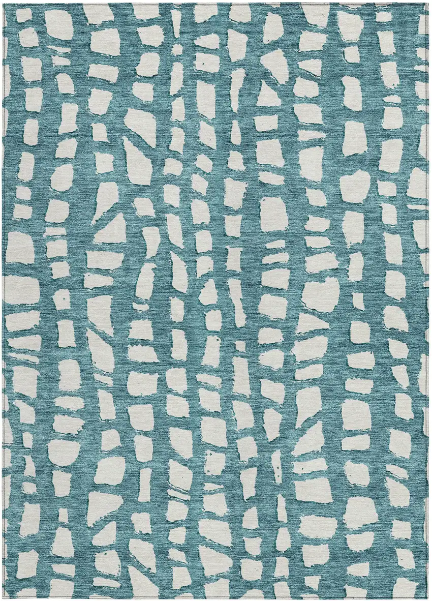 Teal Blue And Ivory Abstract Washable Indoor Outdoor Area Rug Photo 6