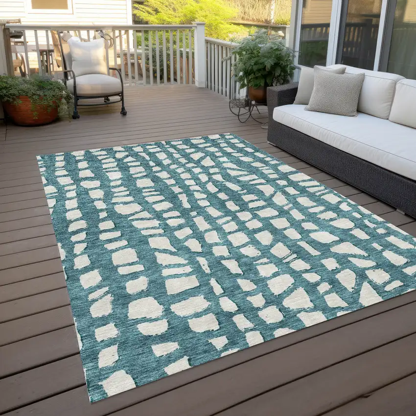 Teal Blue And Ivory Abstract Washable Indoor Outdoor Area Rug Photo 9