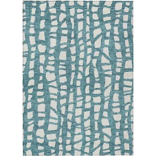 Teal Blue And Ivory Abstract Washable Indoor Outdoor Area Rug Photo 1