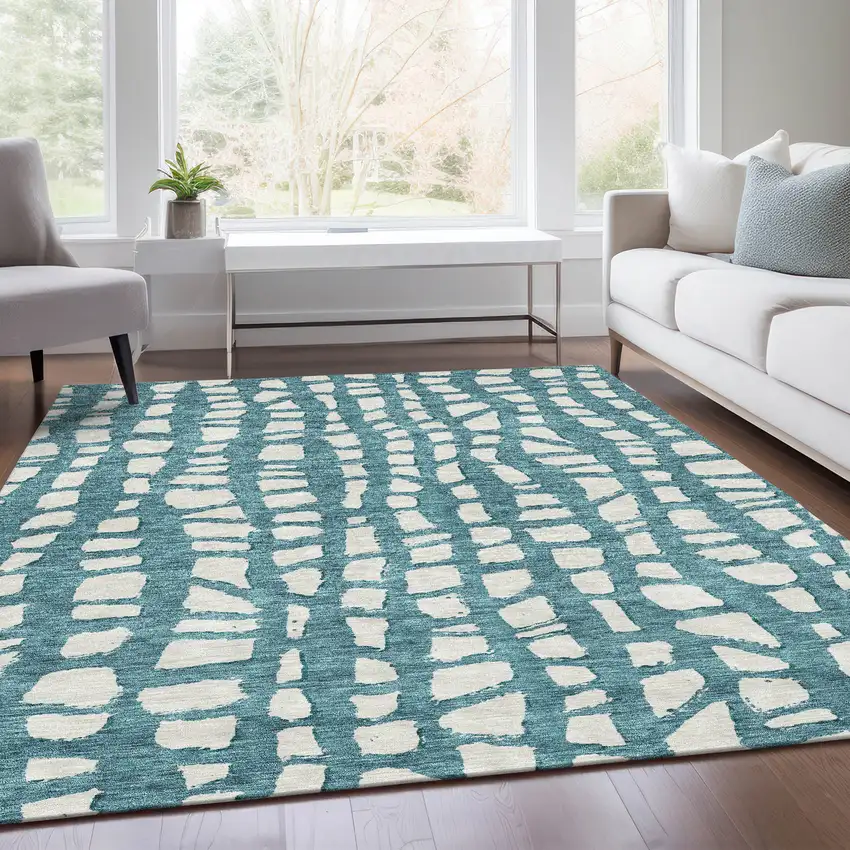 Teal Blue And Ivory Abstract Washable Indoor Outdoor Area Rug Photo 7