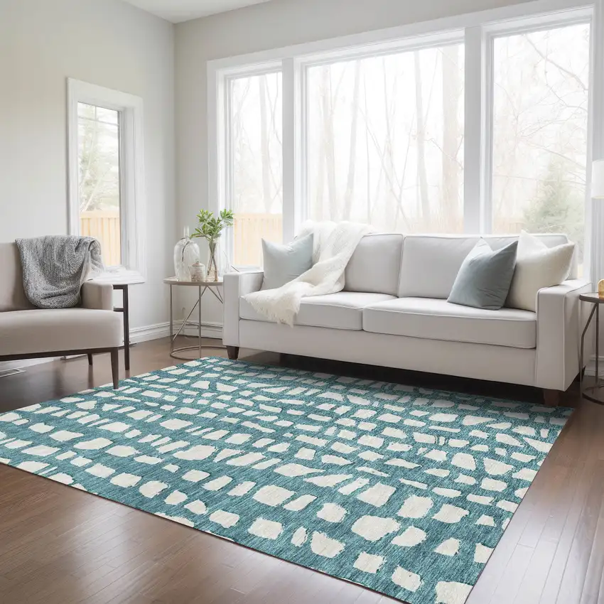 Teal Blue And Ivory Abstract Washable Indoor Outdoor Area Rug Photo 8