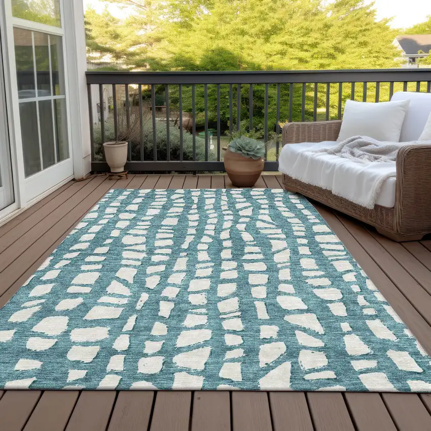 Teal Blue And Ivory Abstract Washable Indoor Outdoor Area Rug Photo 6