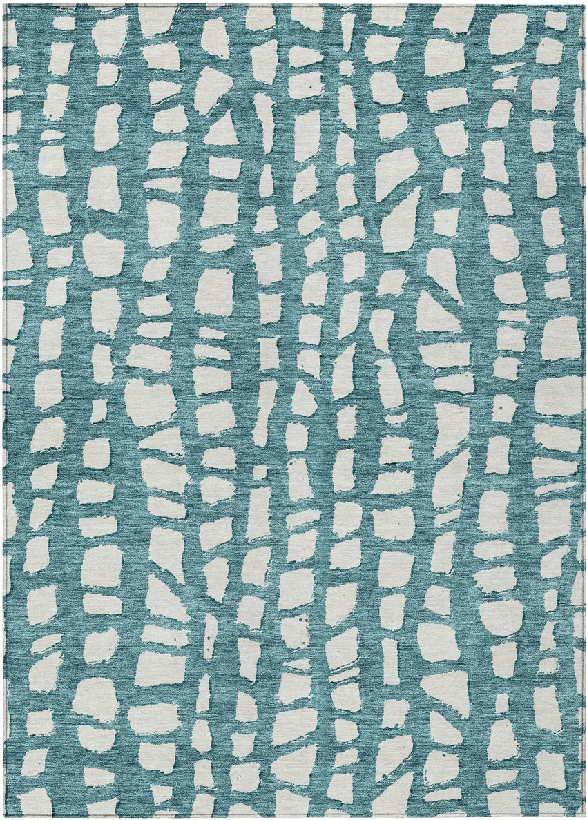 Teal Blue And Ivory Abstract Washable Indoor Outdoor Area Rug Photo 1