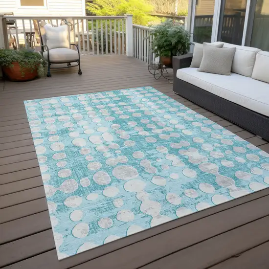Teal Blue And Ivory Abstract Washable Indoor Outdoor Area Rug Photo 8